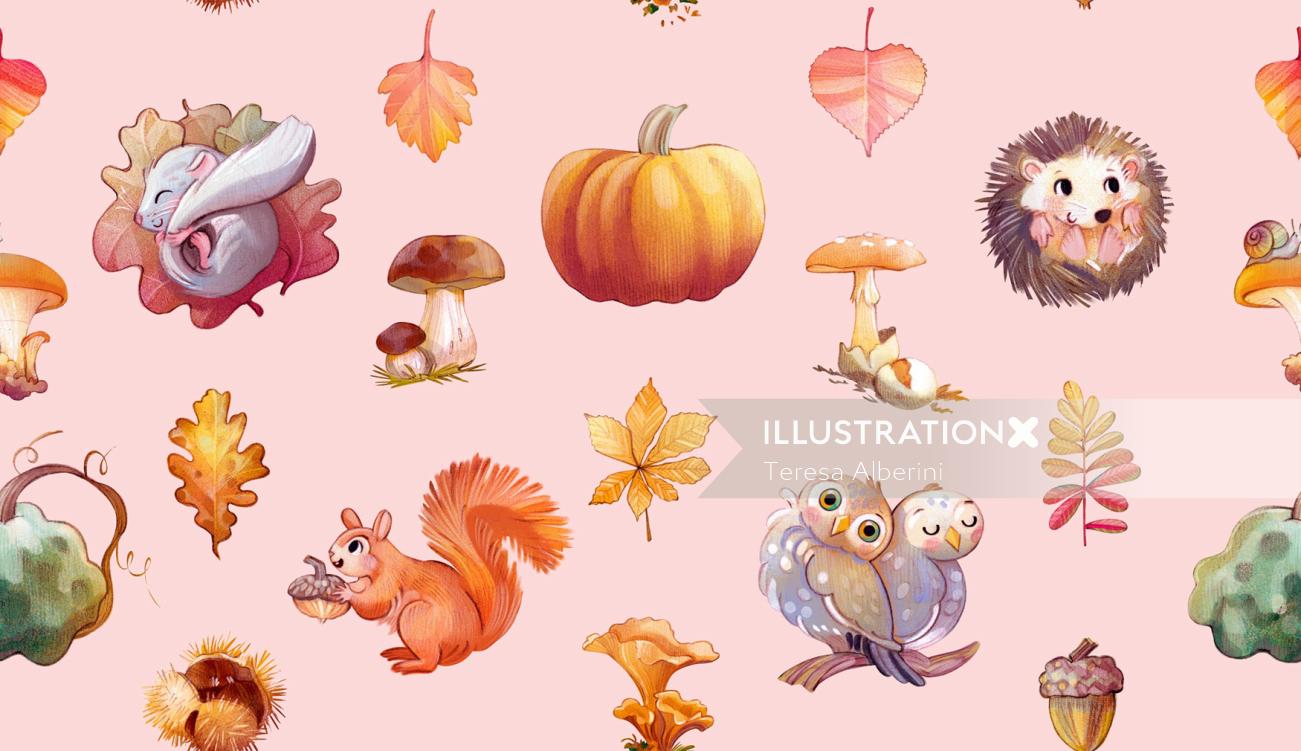 nature, forest, autumn, animals, squirrel, hedgehog, dormouse, owl, chestnut, mushroom, leaf, decora