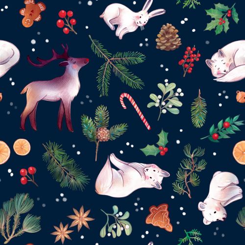 pattern, decorative, Christmas, holiday, animals, fox, bear, hare, reindeer,