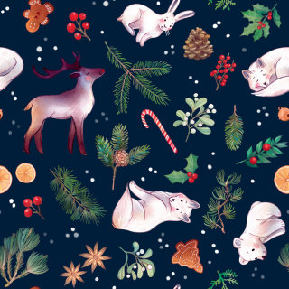 padrão, decorativo, Natal, feriado, animais, raposa, urso, lebre, renas,