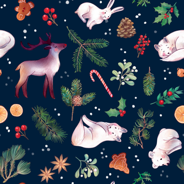 Motif, décoration, Noël, vacances, animaux, renard, ours, lièvre, renne,