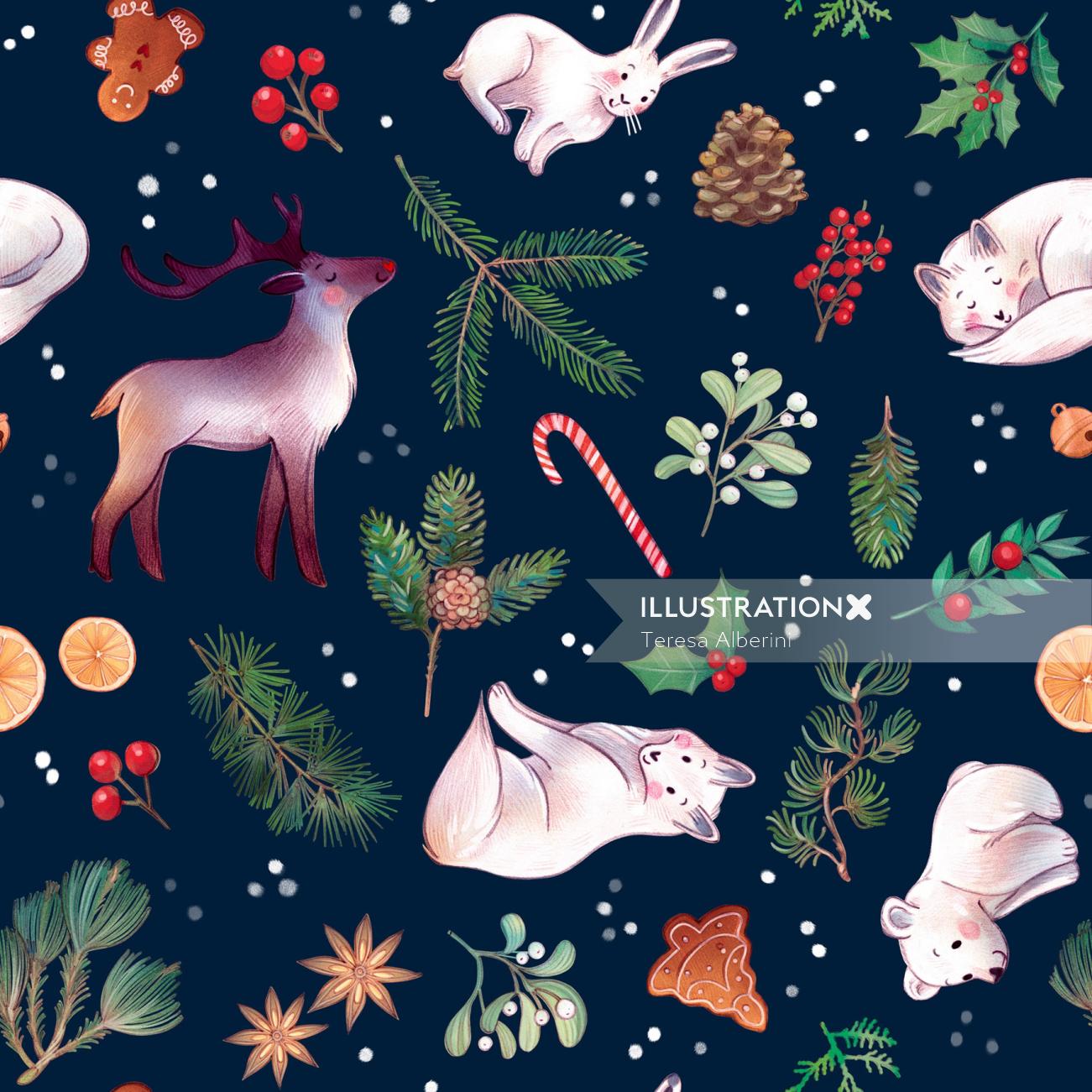 パターン、装飾、クリスマス、休日、動物、キツネ、クマ、ノウサギ、トナカイ、