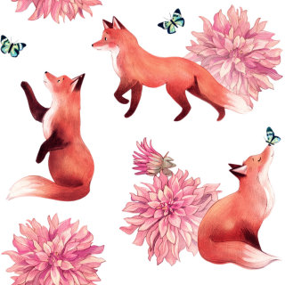 图案, 装饰, 狐狸, 大丽花, 鲜花, 自然, 蝴蝶,