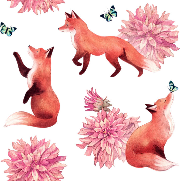 pattern, decorative, fox, dahlia, flowers, nature, butterfly,