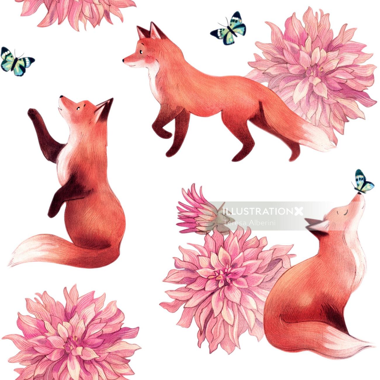 pattern, decorative, fox, dahlia, flowers, nature, butterfly,