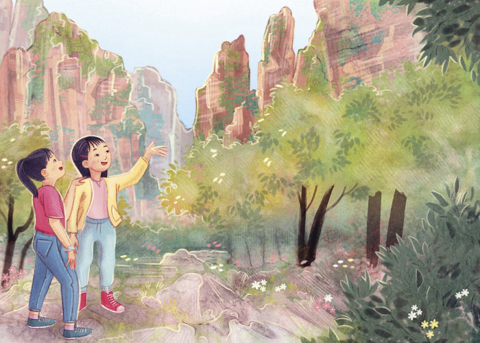 China, nature landscape, children, school book