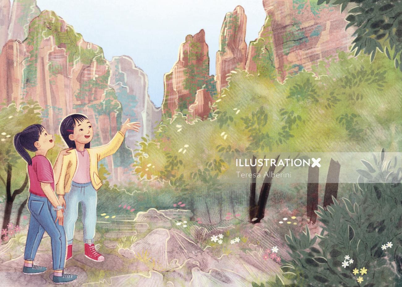 China, nature landscape, children, school book