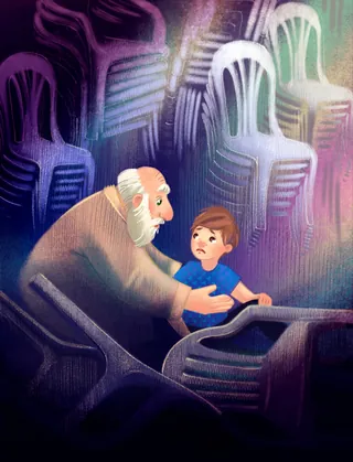 Children's book, elderly, help, child, fallen, night