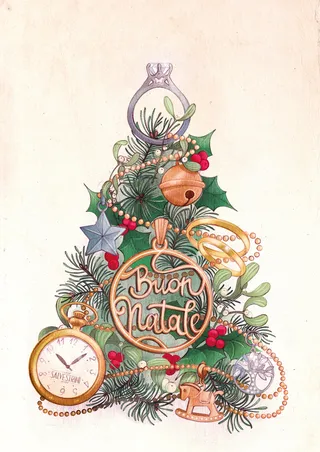 Jewelry, Christmas, holiday, decorative, post card, greetings, vintage, Christmas tree, gifts