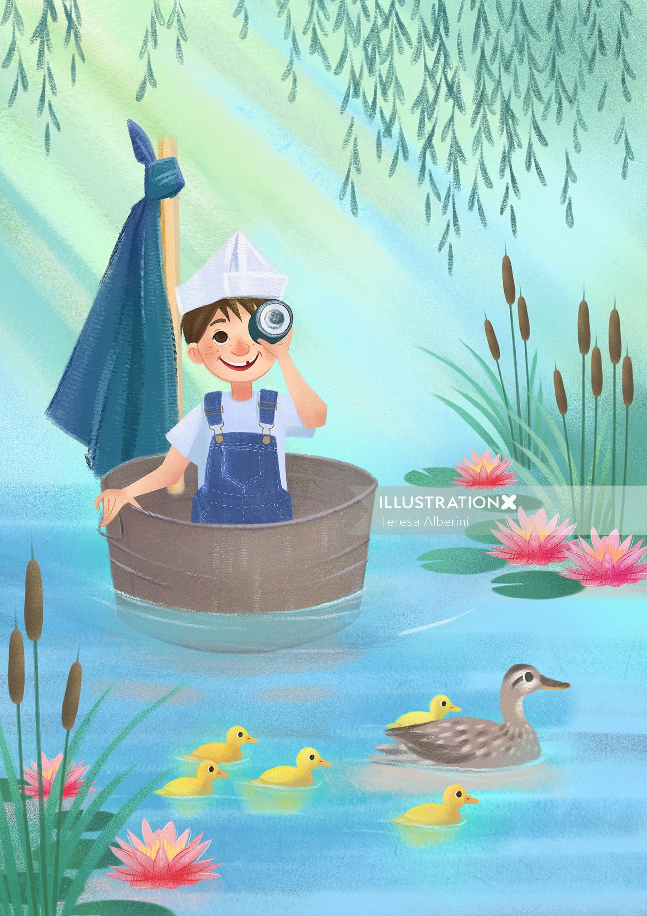 children's book, little explorer, adventure, river, ducks