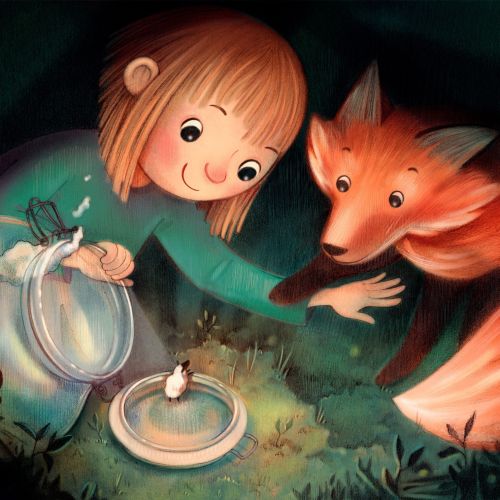 children's book, a new discovery, little girl, fox, jar, mini world, sheep, nature, forest