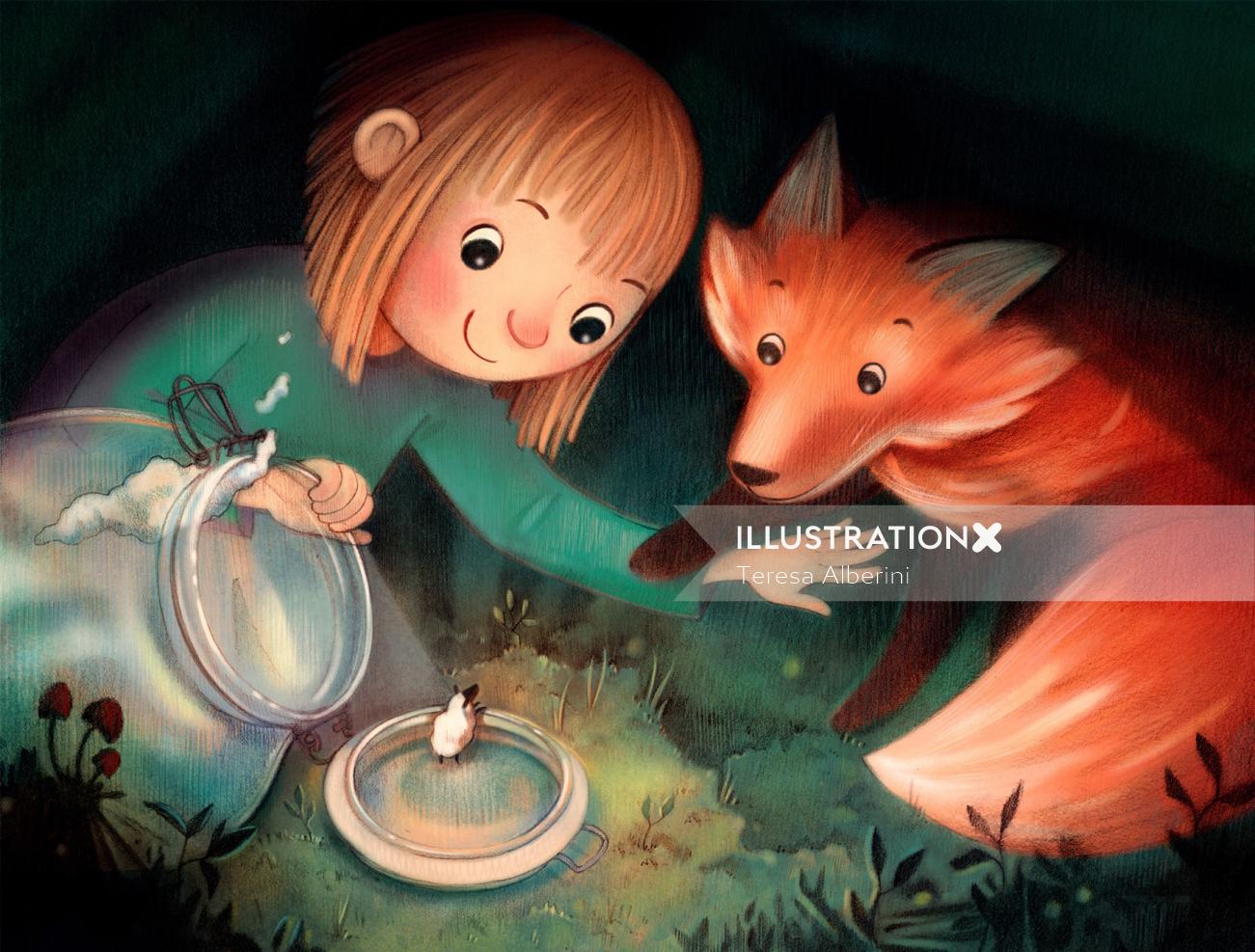 children's book, a new discovery, little girl, fox, jar, mini world, sheep, nature, forest