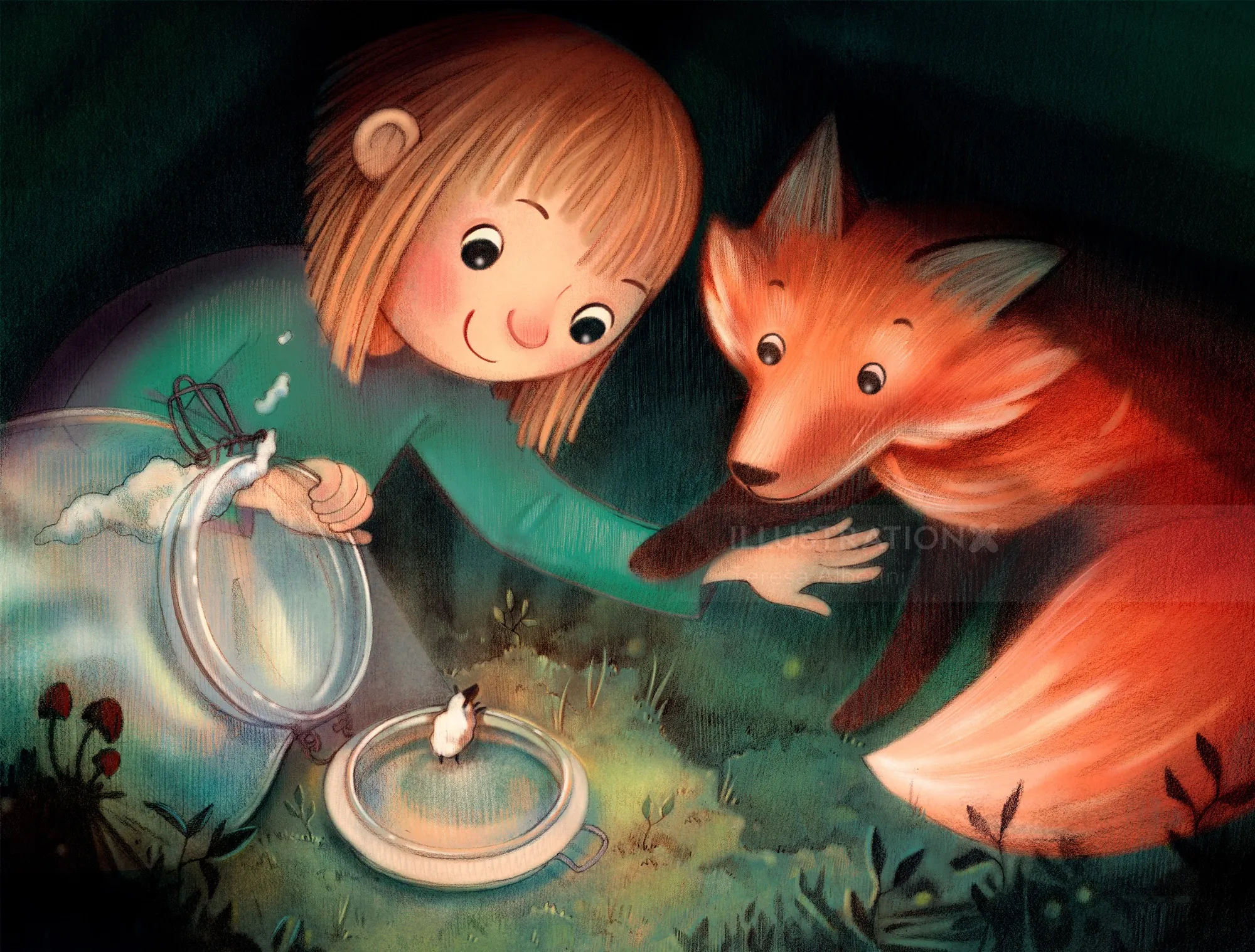 Kinderbuch, eine neue Entdeckung, kleines Mädchen, Fuchs, Einmachglas, Miniaturwelt, Schaf, Natur, Wald