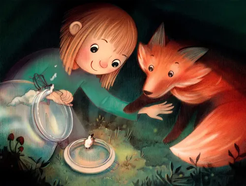Kinderbuch, eine neue Entdeckung, kleines Mädchen, Fuchs, Einmachglas, Miniaturwelt, Schaf, Natur, Wald