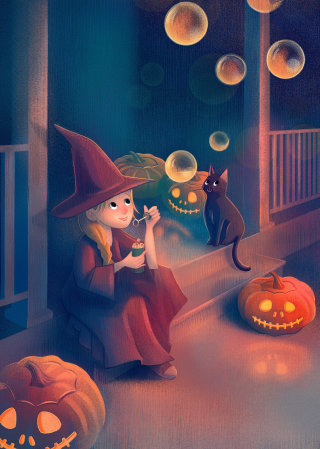 sorcière, Halloween, petite fille, déguisement, bulles, chat, citrouilles