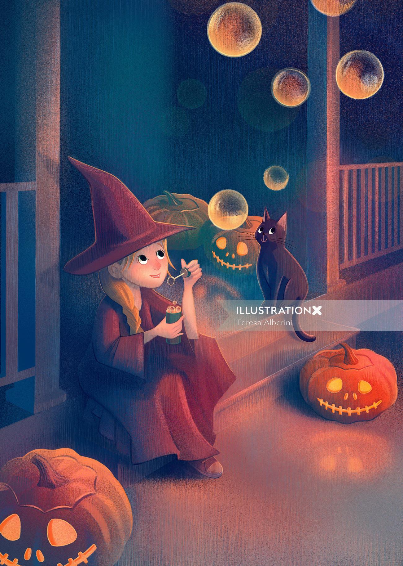 witch, halloween, little girl, disguise, bubbles, cat, pumpkins