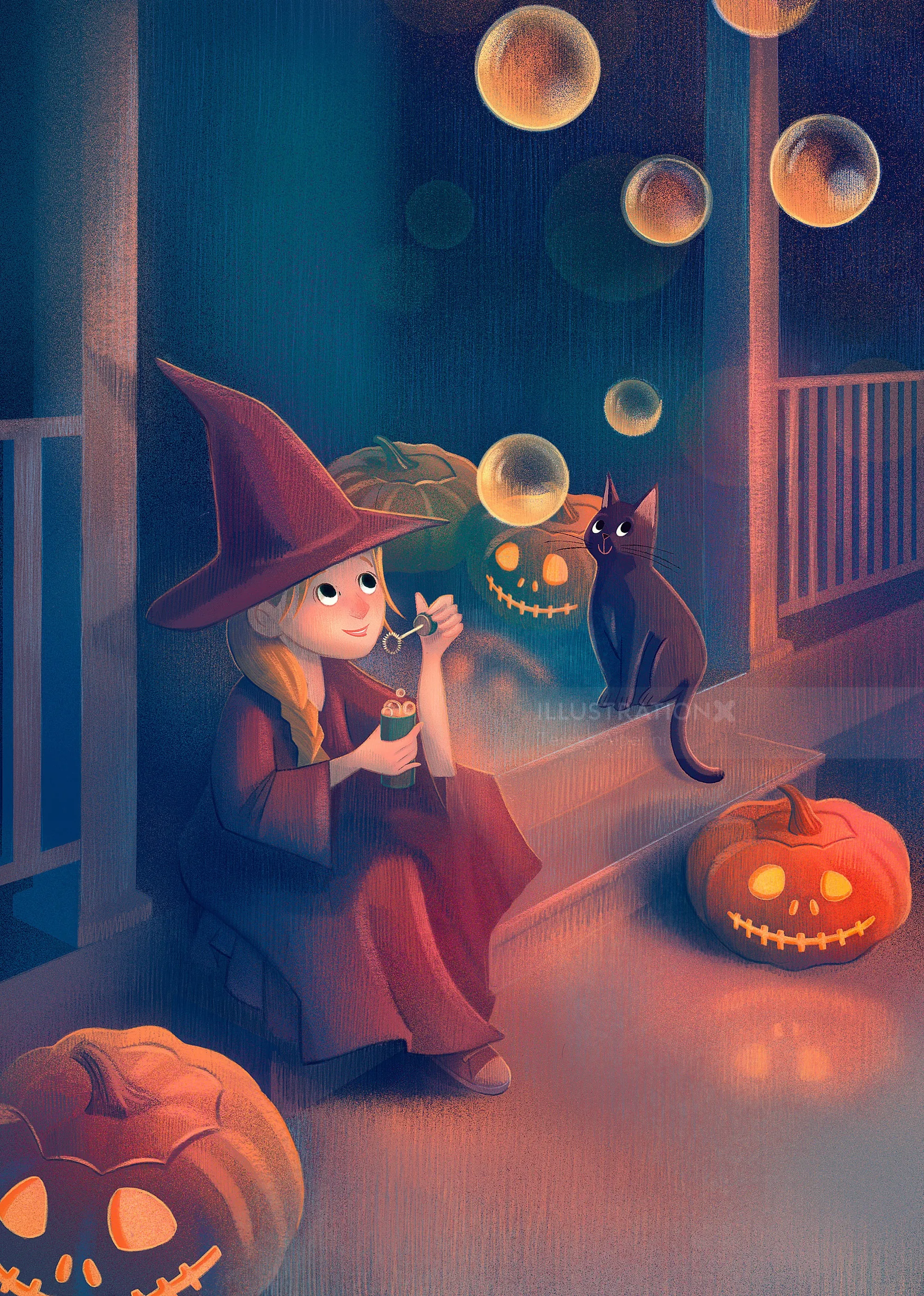Hexe, Halloween, kleines Mädchen, Verkleidung, Seifenblasen, Katze, Kürbisse