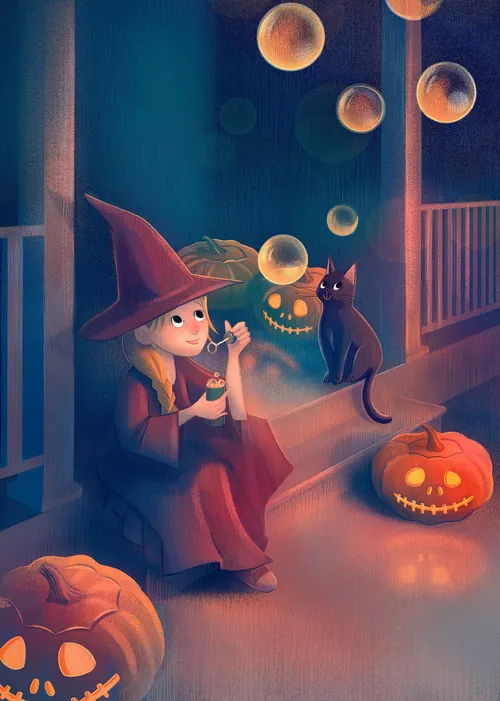 Hexe, Halloween, kleines Mädchen, Verkleidung, Seifenblasen, Katze, Kürbisse