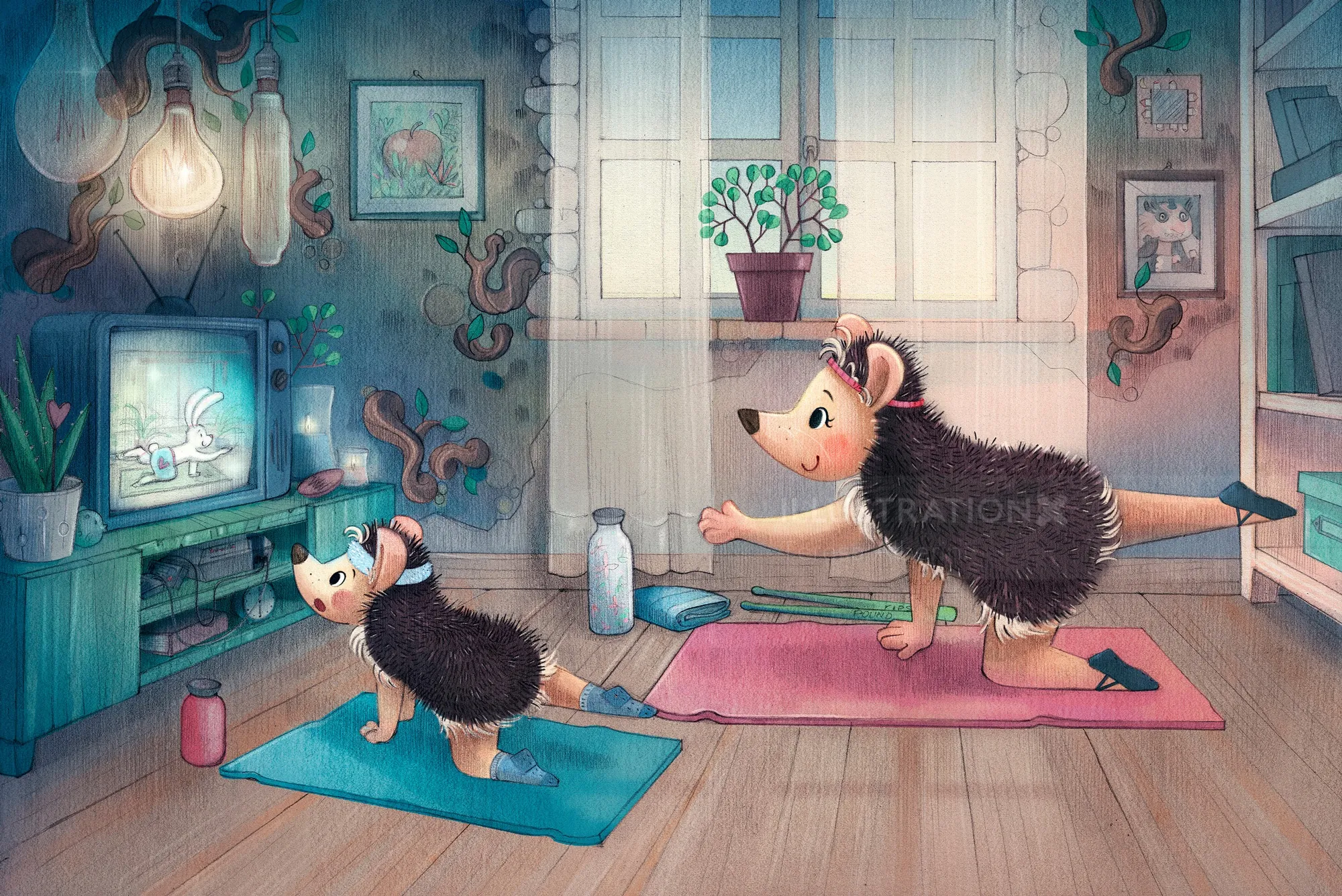 Pilates, Igel, Höhle, Familie, Mama, Baby, Training, Gymnastik, Yoga, Fernsehen