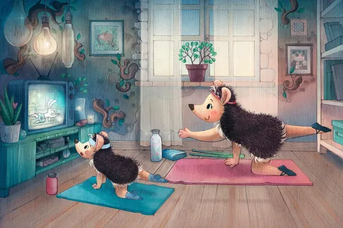 Pilates, Igel, Höhle, Familie, Mama, Baby, Training, Gymnastik, Yoga, Fernsehen