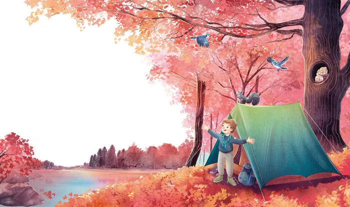 Child waving near green tent under pink trees by lake, by Teresa Alberini