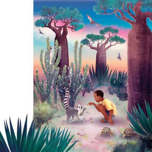 Child crouching near lemur under baobab trees, digital artwork by Teresa Alberini