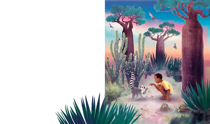 Child crouching near lemur under baobab trees, digital artwork by Teresa Alberini