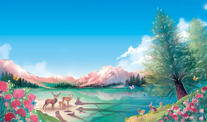 A peaceful mountain lake scene with deer, flowers, and pine trees by artist Teresa Alberini