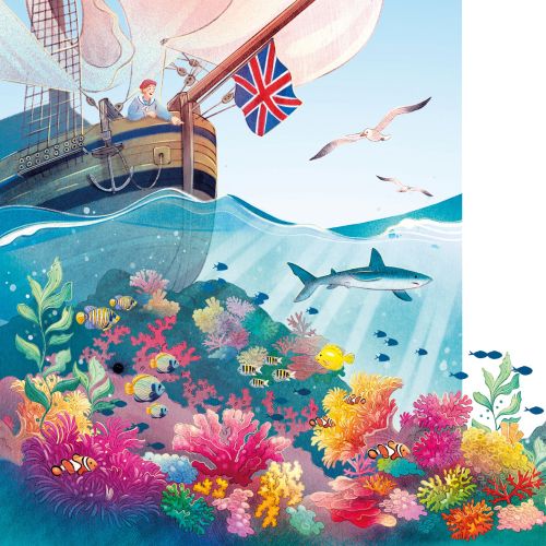 Colorful coral reef under sea with ship and seagulls above by Teresa Alberini