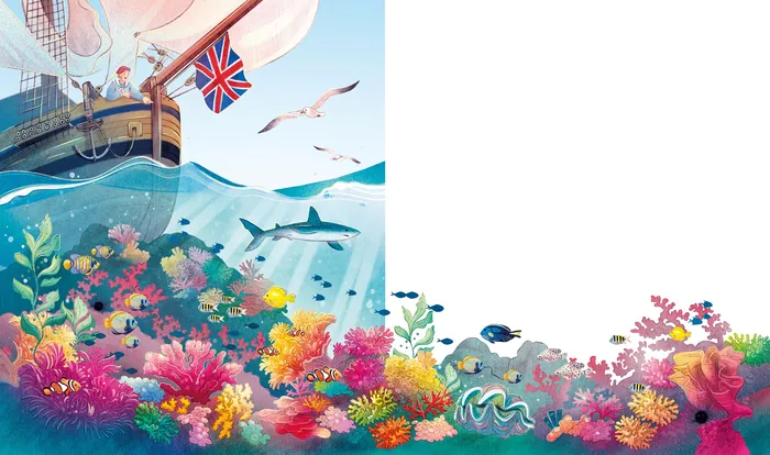 Colorful coral reef under sea with ship and seagulls above by Teresa Alberini