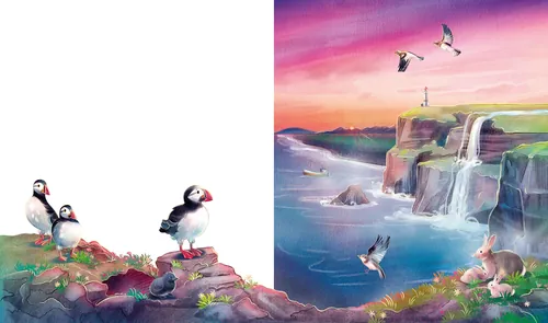Puffins perched on rocky cliffs near a waterfall at sunset by Teresa Alberini