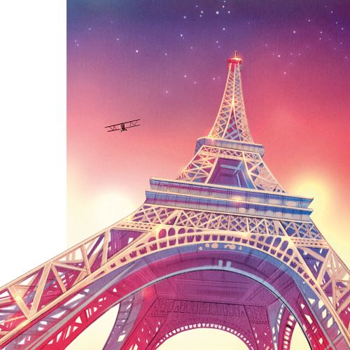 Illustration of Eiffel Tower and person with airplane by Teresa Alberini
