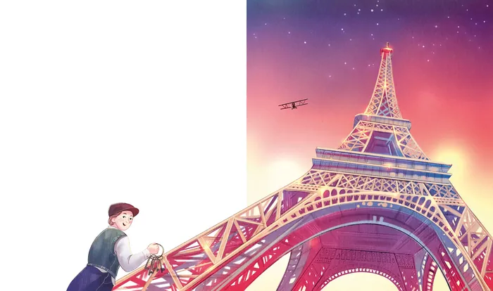 Illustration of Eiffel Tower and person with airplane by Teresa Alberini