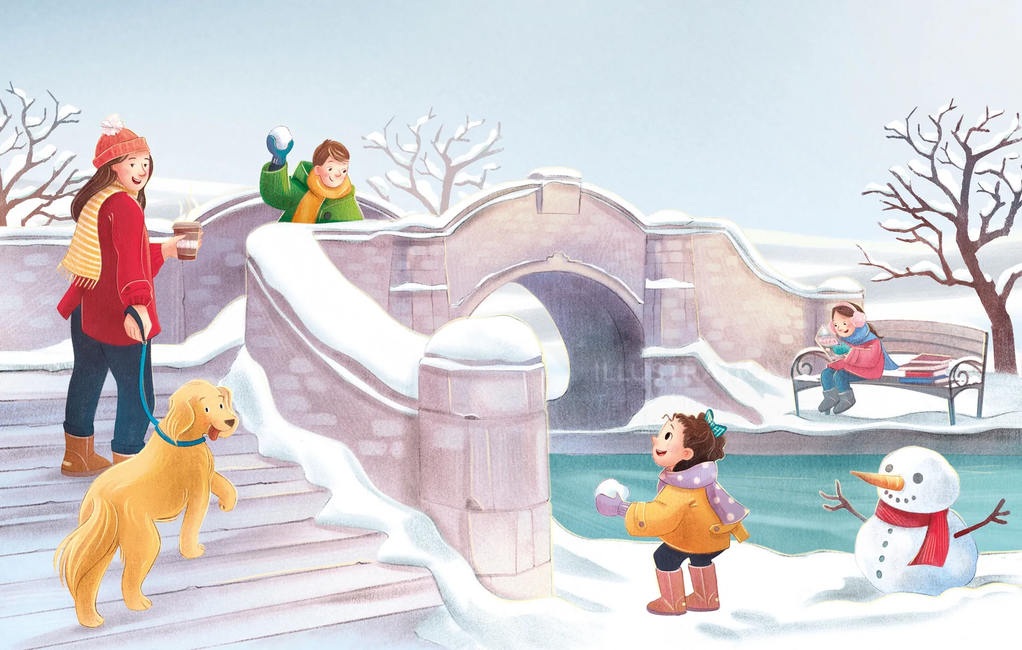 Kinder spielen im Schnee in der Nähe einer Brücke mit Hund und Schneemann, von Teresa Alberini