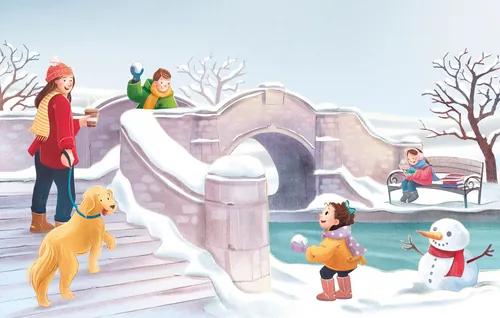 Kinder spielen im Schnee in der Nähe einer Brücke mit Hund und Schneemann, von Teresa Alberini