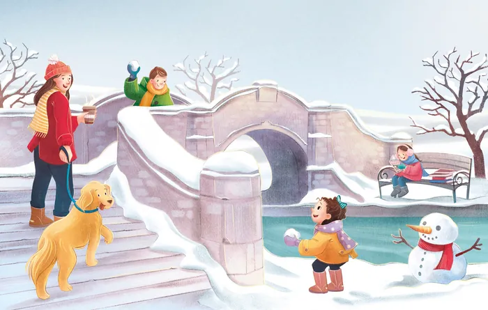 Children playing in snow near bridge with dog and snowman, by Teresa Alberini