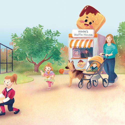 Children and dogs playing near a waffle stand, artwork by Teresa Alberini