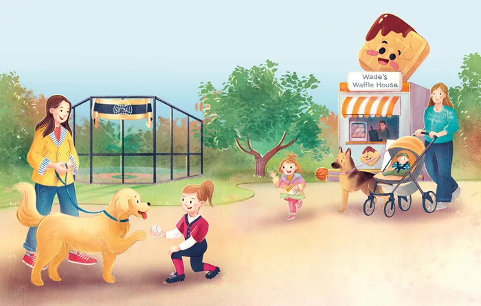 Children and dogs playing near a waffle stand, artwork by Teresa Alberini