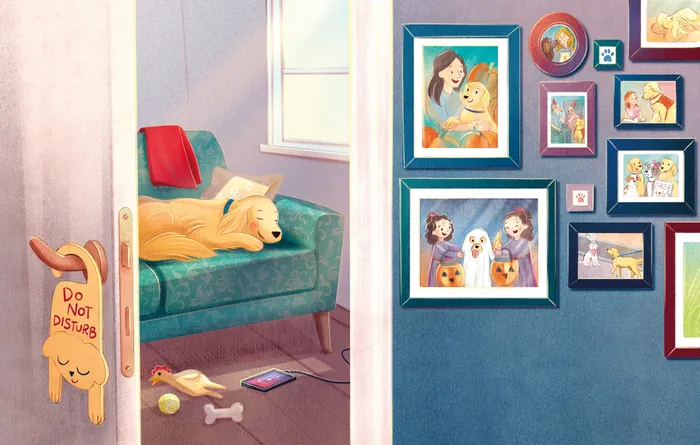 Sleeping golden retriever on couch near family photo wall by Teresa Alberini