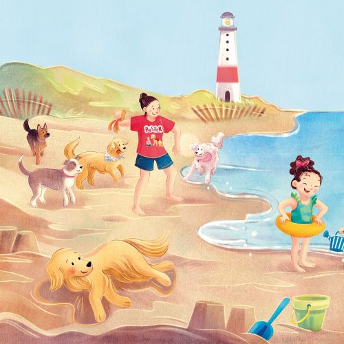 Cartoon kids playing at the seashore