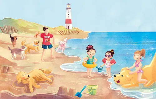 Zeichentrickkinder spielen am Strand
