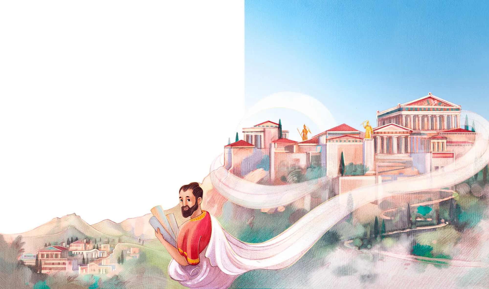 Illustration einer antiken griechischen Stadt und eines Philosophen von Teresa Alberini