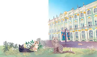 Cats lounging on grass near ornate palace building by Teresa Alberini