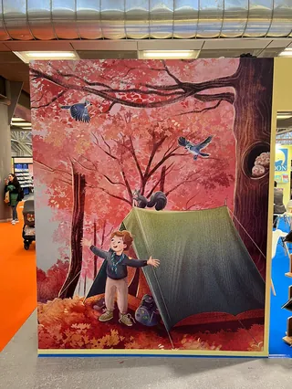 Child setting up tent in autumn forest with birds and squirrels nearby