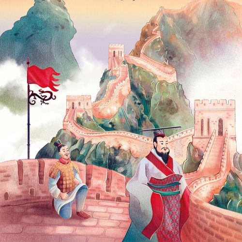 Great Wall of China with two traditional figures and birds flying overhead