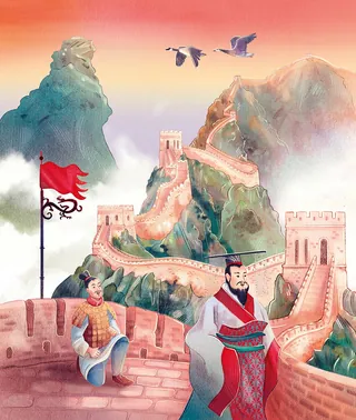 Great Wall of China with two traditional figures and birds flying overhead