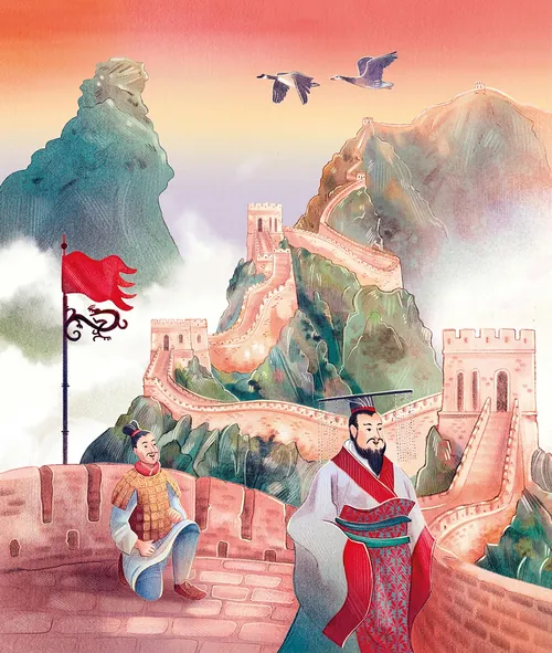 Die Chinesische Mauer mit zwei traditionellen Figuren und darüber fliegenden Vögeln