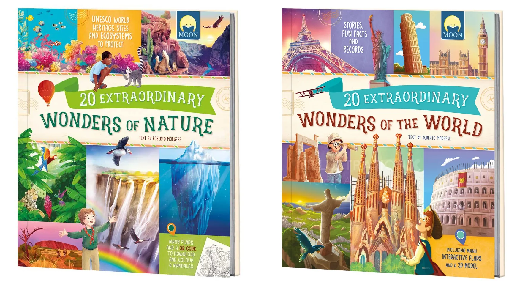 Zwei illustrierte Bücher mit den Titeln „Wunder der Natur“ und „Wunder der Welt“.