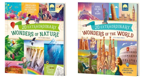 Zwei illustrierte Bücher mit den Titeln „Wunder der Natur“ und „Wunder der Welt“.