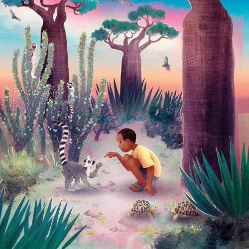 Child engaging with lemur in baobab tree forest during sunset