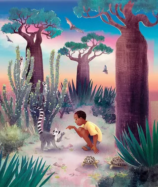Child engaging with lemur in baobab tree forest during sunset